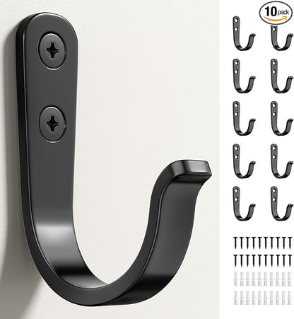10Pcs Wall Hooks for Bathroom, Kitchen, Closet, and Garage - Black Metal Hooks for Hanging Coats, Towels, Hats, Keys, Bags, and Coffee Cups - Holds Up to 40 lbs | for Bathroom, Kitchen, Closet, and Garage, for Hanging Coats, Towels