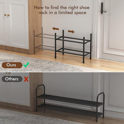 Expandable Shoe Rack, 2 Tier Shoe Rack for Closet, Stackable Adjustable Standing Metal Shoe Shelf Organizer Storage, Small Shoe Racks for Front Door Entrance、Entryway(Black)