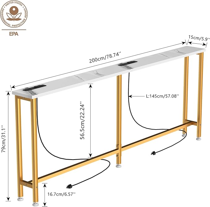 78Inch Console Table with Outlet, Sofa Table with Charger,Skinny Hallway Table, Narrow Entryway Table,Table Behind Sofa,for Living Room,Gold & White