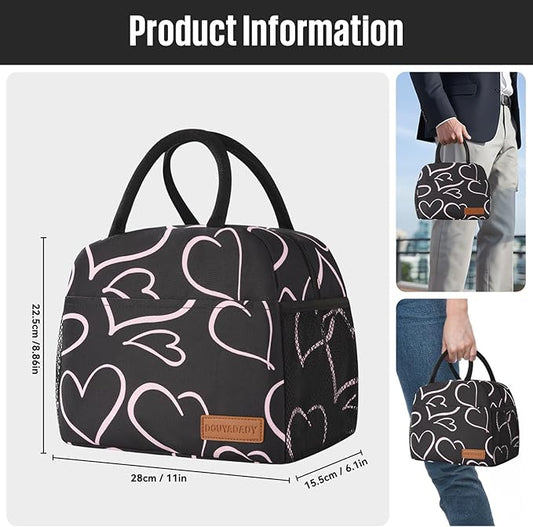 Lunch Bag Women/Men Lunch Box Women/Men (black+pink heart)