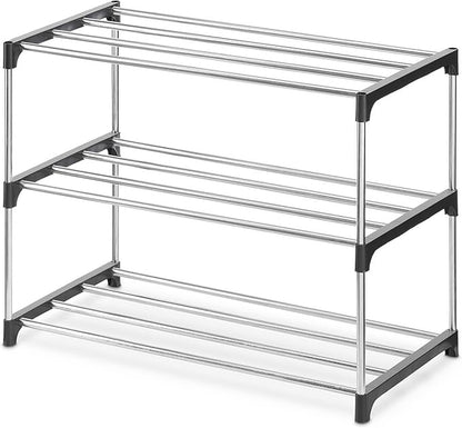Whitmor 3-Tier Shoe Rack - Small Space Solution - Store up to 6 Pairs of Shoes - Organize Shoes & Accessories - Chrome & Black