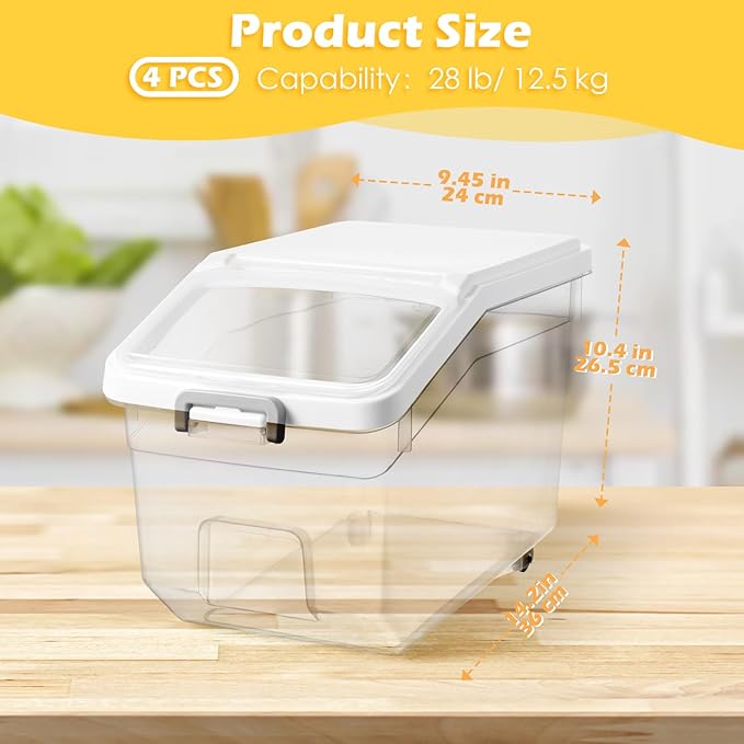 Sunnyray 4 Pcs Rice Storage Container 28 lb Airtight Flour Container with Wheels Measuring Cup Clear Pet Food Cube Dog Birds Cat Food Bin Grain Cereal Organizer Box for Dry Baking Supplies(White Lid)