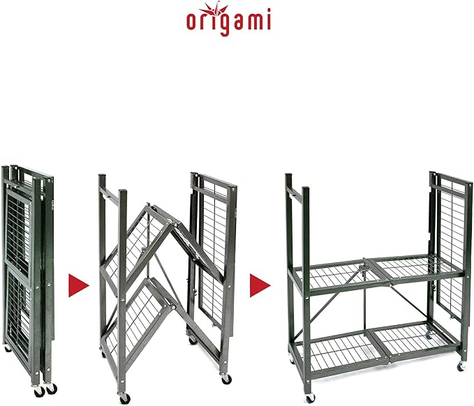 Origami 3-Tier Foldable Storage Shelves, Heavy Duty Rolling Shelf Rack with Wheels, Pewter