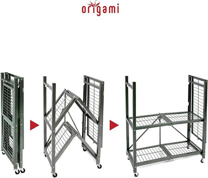 Origami 3-Tier Foldable Storage Shelves, Heavy Duty Rolling Shelf Rack with Wheels, Pewter