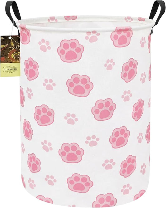 HUNRUNG Laundry Hamper,Large Canvas Fabric Lightweight Storage Basket Toy Organizer Dirty Clothes Collapsible Waterproof for College Dorms（Round-Pink Paw）