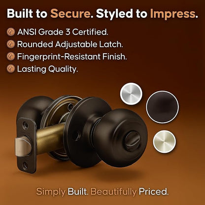 Copper Creek Colonial Privacy Interior Door Knob – ANSI Grade-3 Certified, Modern Heavy Duty Handle, Easy Install and Reversible for Bedroom, Bathroom and Closets – Tuscan Bronze (1 Pack)