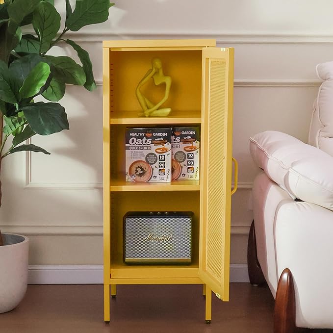 Slim Metal Storage Cabinet with Mesh Doors - 42'' Tall Narrow Organizer Tower, Compact Freestanding Cabinet, Versatile Utility Storage for Home, Office, Bedroom, or Kitchen, Durable and Modern Design