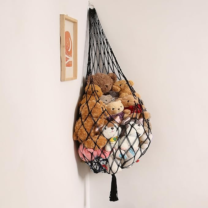 Stuffed Animal Hammock Corner Hanging Net for Stuffy Animal Storage Macrame Toy Display Plushie Toy Holder-Perfect for The Tiny Space Walls, Kid Bedroom Decor Playroom Organizer (Black XL)