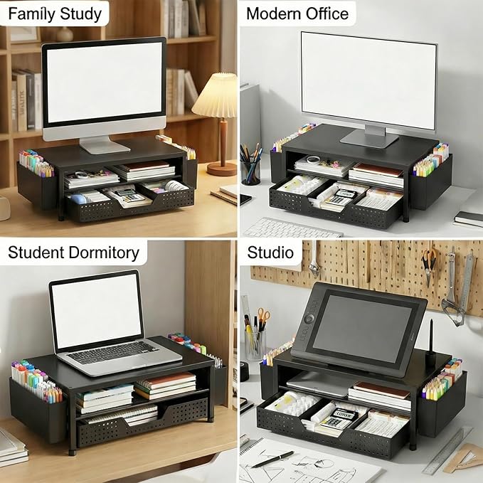 Desk Organizer and Accessories, 2-Tier Computer Monitor Stand Rise with Storage Drawer & 2 Pen Holders, Laptop & Printer Stand for Desktop, Workspace Organizers for Office Supplies (Black Wood)