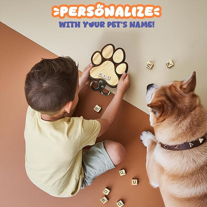 Dog Leash Holder for Wall Mount with Scrabble Letters, Wooden Paw Print Wall Hook, Pet Collar and Harness Organizer for Entryway, Key Hook Gift for Pet Lovers & Dog Owners, Home Decor PF283