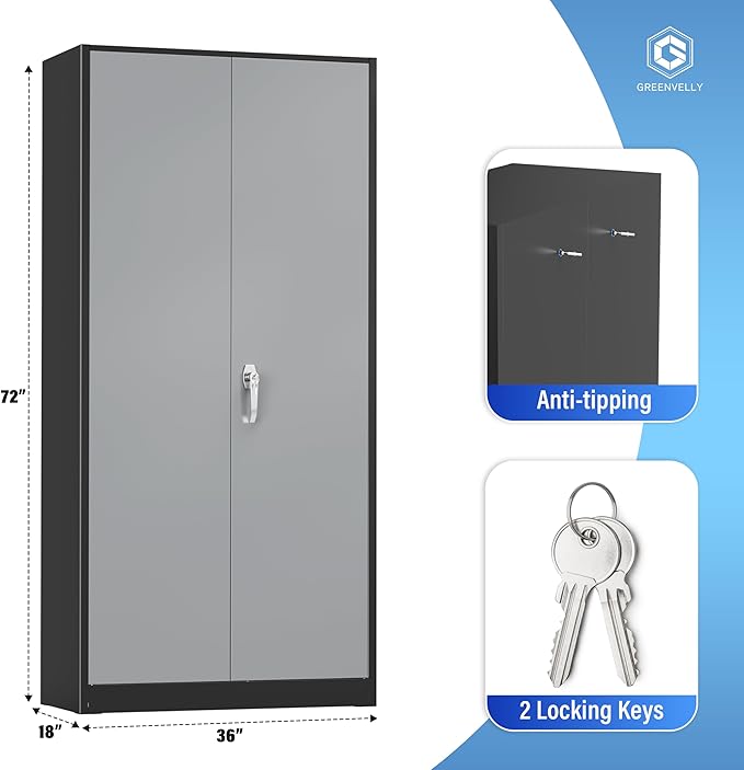 Greenvelly Metal Storage Cabinet with Doors and Shelves, 72" Inch Locking Metal Cabinet,Garage Storage Cabinet for Garage Office School Warehouse (Black Gray)