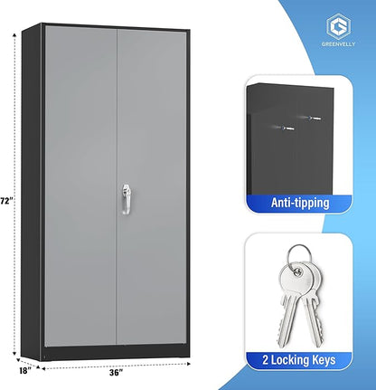 Greenvelly Metal Storage Cabinet with Doors and Shelves, 72" Inch Locking Metal Cabinet,Garage Storage Cabinet for Garage Office School Warehouse (Black Gray)