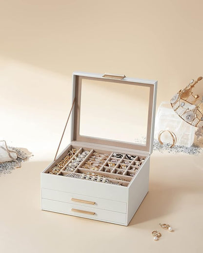 SONGMICS GISELLA Collection - Jewelry Box Organizer, 3-Layer Jewelry Storage with 2 Drawers, Shiny Metal Hardware, Glass Lid, Modern, 8 x 9.1 x 5.3 Inches, Cloud White and Gold Color UJBC239WT