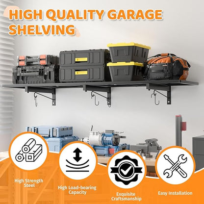 2 Pack Garage Wall Shelving, 1x3.85ft Heavy Duty Garage Shelving Wall Mounted 320 lbs Load Capacity, Black Garage Storage Shelves Floating Shelves for Basement, Shop, Shed