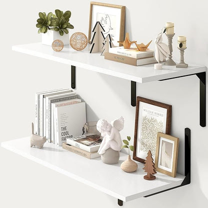 Fun Memories Floating Shelves for Wall, 12 Inch Deep Floating Shelves Set of 2, Wall Mounted Shelf with Metal Brackets, Rustic Wood Wide Shelf for Bathroom, Kitchen and Living Room, White, 36W x 12D