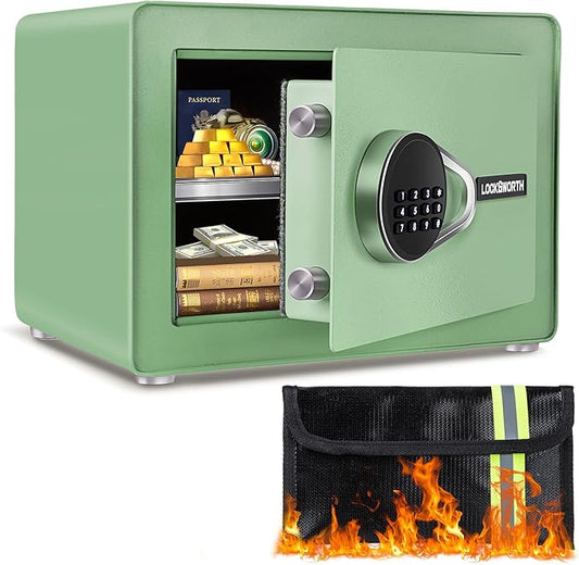 Safe for Home, Small Safe with Fireproof Bag, Removable Shelf, 1.0 Cubic Feet Digital Electronic Security Money Box for Cash, Document, Home, Office, Hotel Use, Green，9.84"D x 13.78"W x 9.84"H