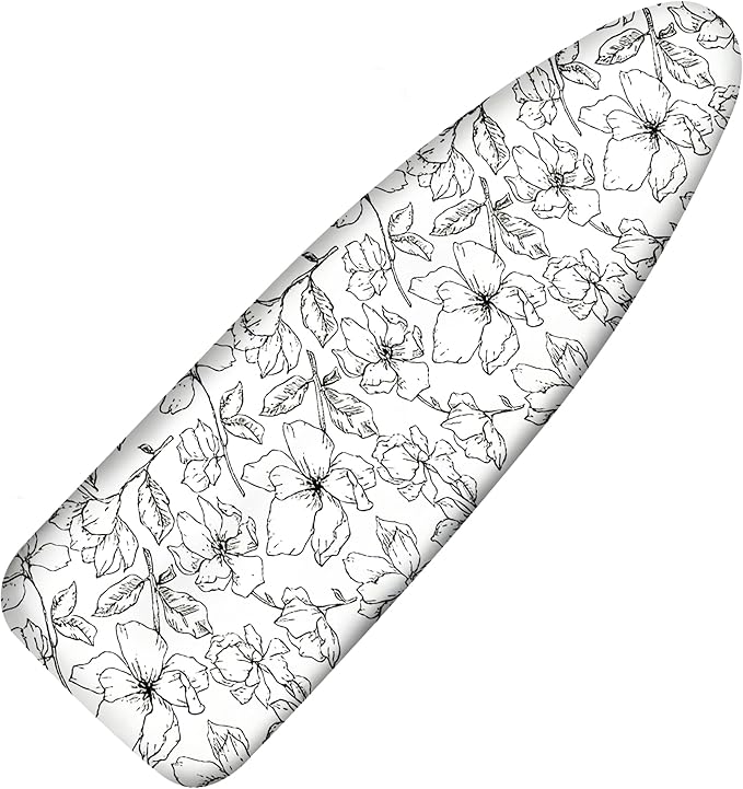 Ironing Board Cover and Pad, 18x49 Extra Wide Thick Iron Padding, Scorch & Stain Resistant Ironing board cover, Heavy Duty Iron Board Padded with Adjustable Fasteners Elastic Edge, Floral White