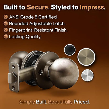 Copper Creek BK2020AB Ball Door Knob, Passage Function, 1 Pack, in Antique Brass