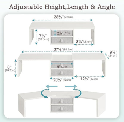 TEAMIX Dual Monitor Stand Riser with 2 Drawers - Length and Angle Adjustable White Monitor Stand with Storage Large Computer Riser for 2 Monitors/Laptop/PC, Wood Screen/TV Stand Desk Organizer