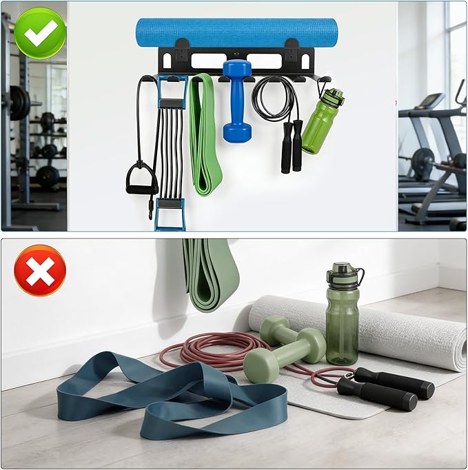 Gym Rack Organizer for Home Gym Storage, Wall Mounted, Multi-Purpose Home Gym Storage Rack for Resistance Bands, Yoga Mats, Jump Ropes,Weight Belts, Garage Workout Room Accessories,Black