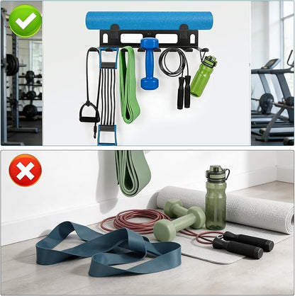 Gym Rack Organizer for Home Gym Storage, Wall Mounted, Multi-Purpose Home Gym Storage Rack for Resistance Bands, Yoga Mats, Jump Ropes,Weight Belts, Garage Workout Room Accessories,Black