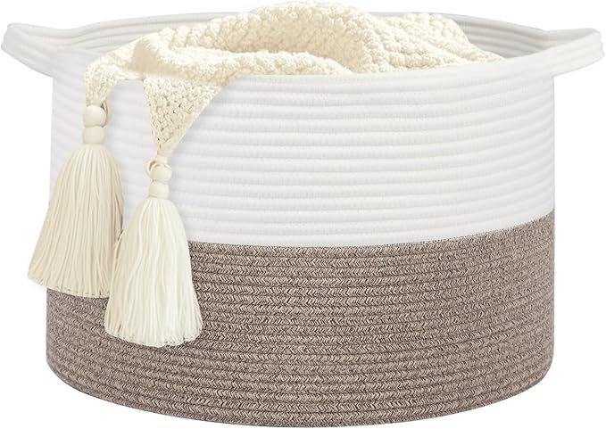 Large Laundry Basket 22''x14''Woven Cotton Rope Baby Blanket Basket for Living Room Girl Laundry Hamper Toy storage Baby basket Nursery Hamper Storage Bin (White+Brown)