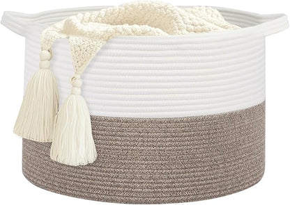 Large Laundry Basket 22''x14''Woven Cotton Rope Baby Blanket Basket for Living Room Girl Laundry Hamper Toy storage Baby basket Nursery Hamper Storage Bin (White+Brown)