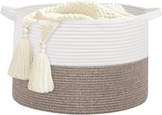 Large Laundry Basket 22''x14''Woven Cotton Rope Baby Blanket Basket for Living Room Girl Laundry Hamper Toy storage Baby basket Nursery Hamper Storage Bin (White+Brown)