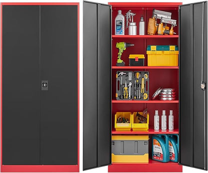Metal Garage Cabinet,71" Lockable Storage Cabinet with 2 Doors and 5 Adjustable Shelves,Tall Steel Cabinets for Garage,Home Office,Basement,School,Hospital(Black & Red)