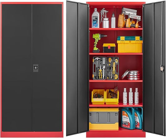Metal Garage Cabinet,71" Lockable Storage Cabinet with 2 Doors and 5 Adjustable Shelves,Tall Steel Cabinets for Garage,Home Office,Basement,School,Hospital(Black & Red)