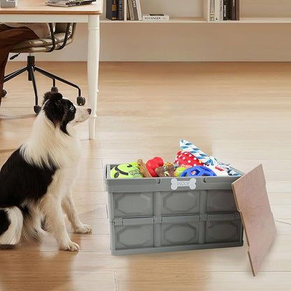 Outdoor Dog Toy Bin wtih Handles,Collapsible Dog Stuff Organizer Portable,Pet Storage Basket with Wood Cover for Dog Toys/Snack/Camping Essentials,Ideal for Car Trunk,RV Trip,Picnic-Gray