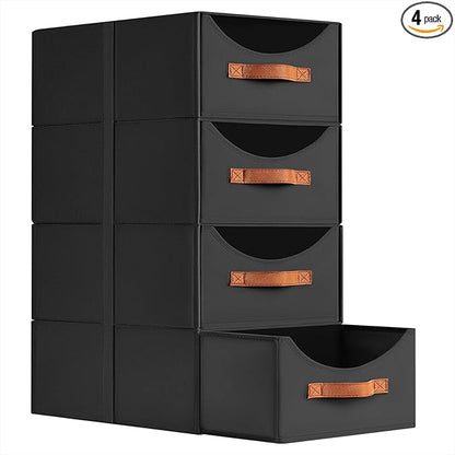 Closet Organizers and Storage - Large Stackable Storage Bins with Drawer, Fabric Bins for Organization, Collapsible Storage Drawers Organizer for Bedroom, Living Room, 4 Pack, Black