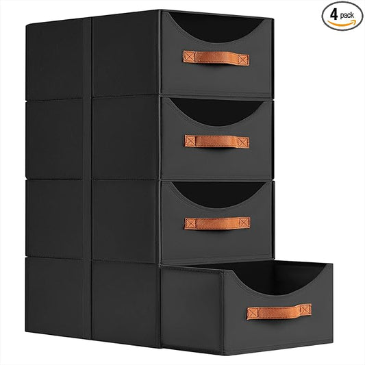 Closet Organizers and Storage - Large Stackable Storage Bins with Drawer, Fabric Bins for Organization, Collapsible Storage Drawers Organizer for Bedroom, Living Room, 4 Pack, Black