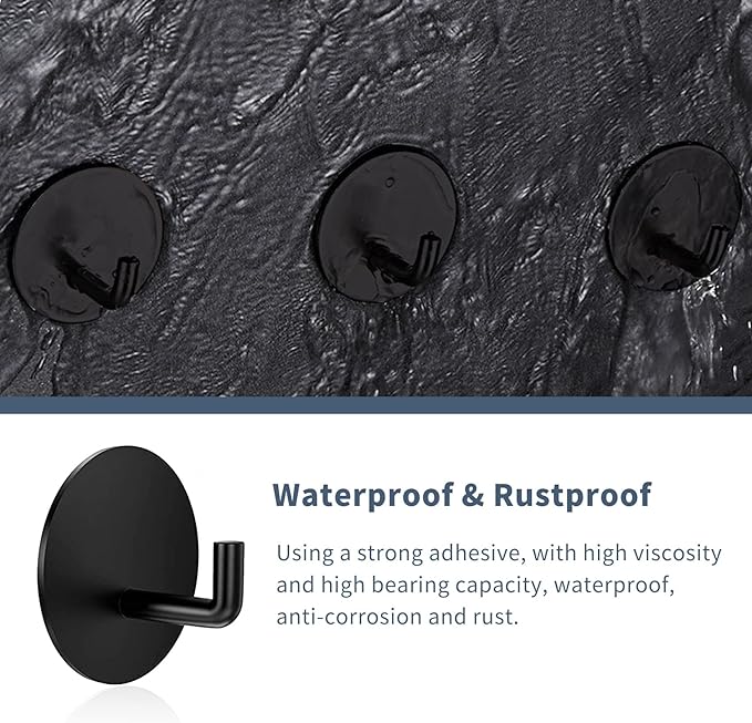 Adhesive Hooks Heavy Duty Waterproof in Shower Hooks for Hanging Loofah, Towels, Clothes, Robes for Bathroom Removable Adhesive Wall Hooks Door Hook Stainless Steel Black Stick on Hooks 4 Pcs