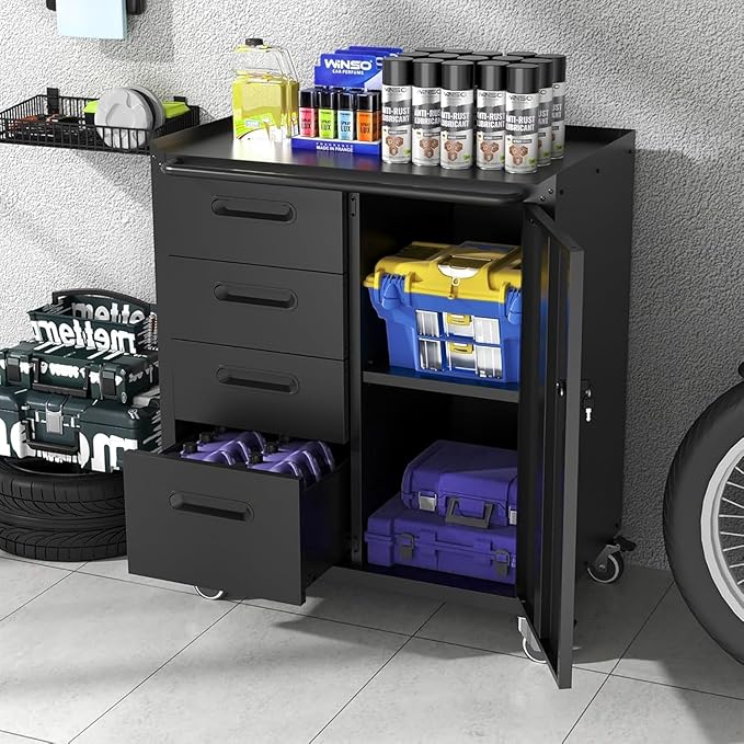 Garage Storage Cabinet System 4pcs Heavy Duty Workshop Set Lockable Rolling Tool Cabinets with Adjustable Shelves Metal Garage Storage Cabinets