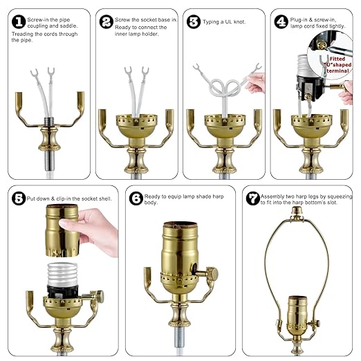 Lamp Making Kit,Make a Lamp or Repair Kit,3-Way Lamp Socket with Matching Cord Lamp Harp Set,Lamp Wiring Kit for Table Floor Lamp,Essential Hardware for DIY Lamp Design or Repair (Gold, 1)