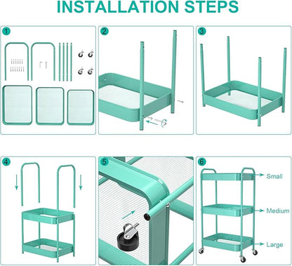 3-Tier Rolling Metal Storage Cart with Wheels, Multi-Functional Organizer for Office, Kitchen, Bathroom, Books Diapers - Easy Assembly (Blue)