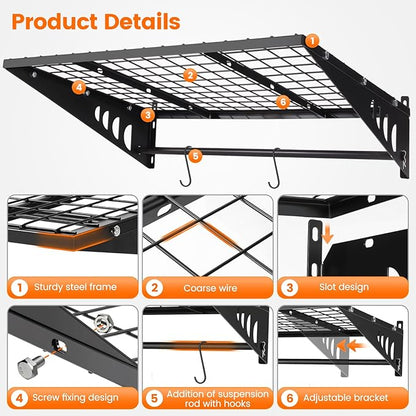 Garage Shelving 2x3ft 4-Pack, Garage Storage Rack 24"x36" Metal Shelves Black Wall Mounted with rods & 6 Hooks, Heavy Duty Wall Shelving Floating Shelves, 1200lbs Total load Capacity