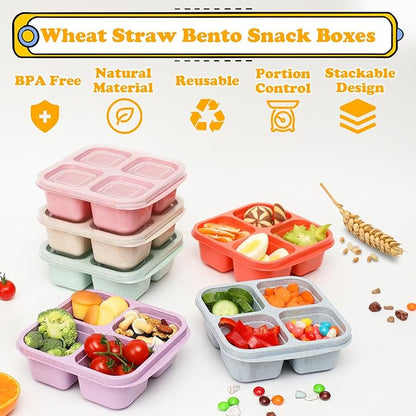6 Pack Snack Containers, 4 Compartment Snack Box Containers Bento Box, Reusable Meal Prep Lunch Containers for Adults Kids Toddler, Divided Food Containers for Travel Work School