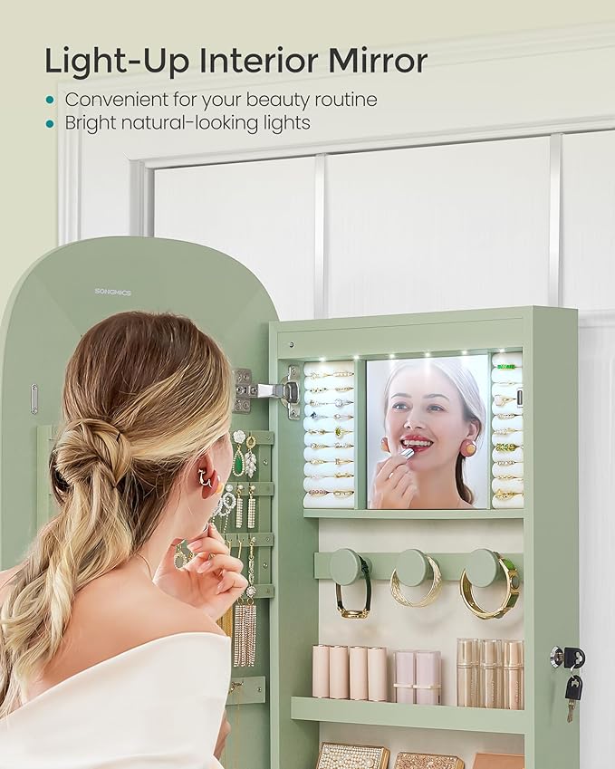 SONGMICS Jewelry Organizer, LED Jewelry Cabinet Wall/Door Mounted, Lockable Rounded Wide Mirror with Storage, Interior Mirror, 3.9 x 16.5 x 42.5 Inches, Laurel Green Surface with Cream White Lining