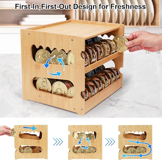 Bamboo Can Organizer for Pantry, 2 Tier Canned Cat Food Organizer for Kitchen Counter, Cat Food Storage Holds Up to 36 Cans, Can Rack Organizer for Human and Pet Food Cans, FlFO Design
