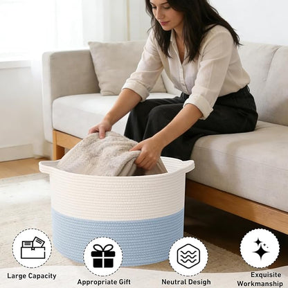 90L Large Blanket Basket,21.7"L x 21.7"W x 13.8"H Rope Woven Baskets with Handles, Toys Storage Bins,Laundry Basket Perfect for Living Room, Nursery,Bedroom,Home Organization,White&Blue