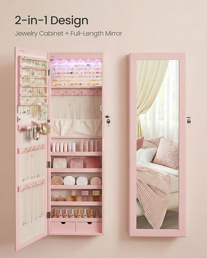 SONGMICS 6 LEDs Mirror Jewelry Cabinet, 47.2-Inch Tall Lockable Wall or Door Mounted Jewelry Armoire Organizer with Mirror, 2 Drawers, 3.9 x 14.6 x 47.2 Inches, Jelly Pink UJJC093SA02S