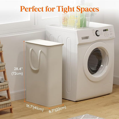 Lifewit 65L Slim Small Laundry Hamper, Laundry Basket with Lid, Dirty Collapsible Clothes Storage with Easy Carry Extended Handles, Tall Hampers for Bedroom Laundry Room, White, 1 Pack