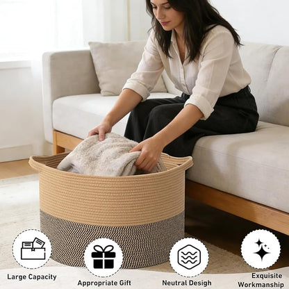 90L Large Blanket Basket,21.7"L x 21.7"W x 13.8"H Rope Woven Baskets with Handles, Toys Storage Bins,Laundry Basket Perfect for Living Room, Nursery,Bedroom,Home Organization,Jute&Black