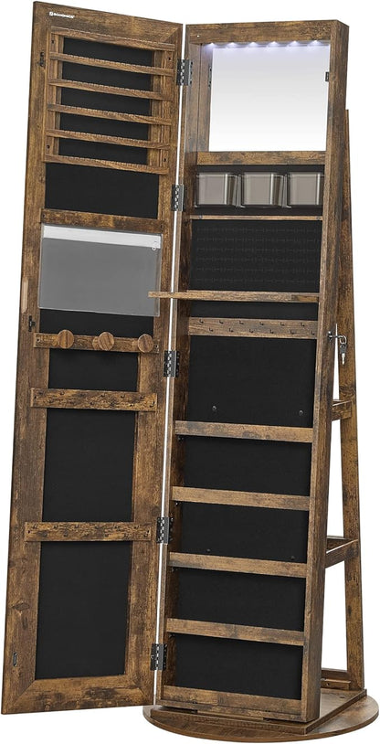 SONGMICS LED Jewelry Cabinet Standing, Lockable Armoire With Full-Length Mirror and Adjustable Lights, Space-Saving Organizer, Gift Idea, Rustic Brown UJJC008X01