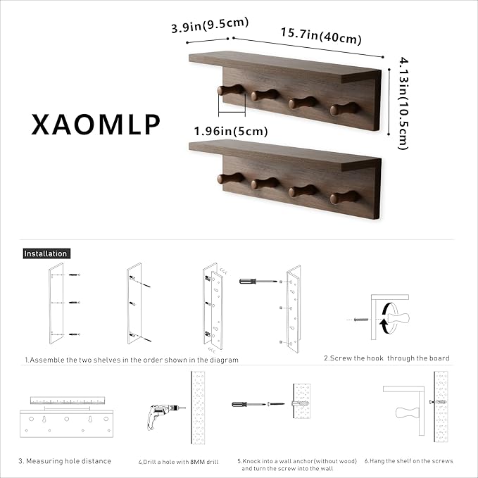 Entrance Coat Rack ，Coat Hooks, Wall-Mounted Wooden Hook Rack, Wall-Mounted Shelves are Very Suitable (Teak Color Finish—A-2)