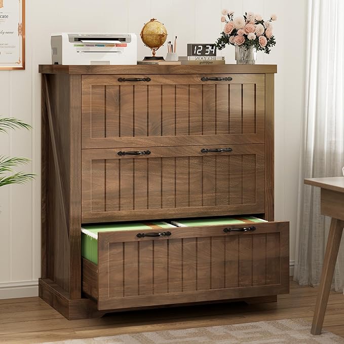 SEDETA 3 Drawer File Cabinet, Farmhouse Filing Cabinet for Home Office, Wood Office File Cabinets for Letter/Legal/A4 Size, Lateral File Cabinets with Printer Stand for Study Room, Living Room (Brown)