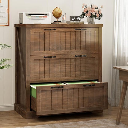 SEDETA 3 Drawer File Cabinet, Farmhouse Filing Cabinet for Home Office, Wood Office File Cabinets for Letter/Legal/A4 Size, Lateral File Cabinets with Printer Stand for Study Room, Living Room (Brown)