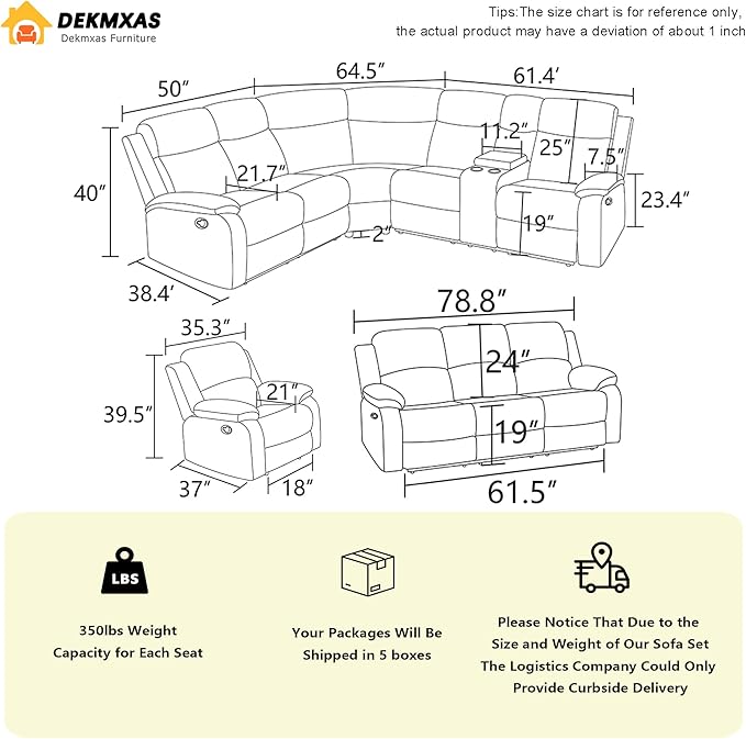 5PCS Brown Manual Reclining Sectional Sofa Set with Cup Holders, Living Room Furniture Sets, Corduroy Sectional Couches and Sofa Chair with 5 Recliner Seats, Drop-Down Table, Storage Console